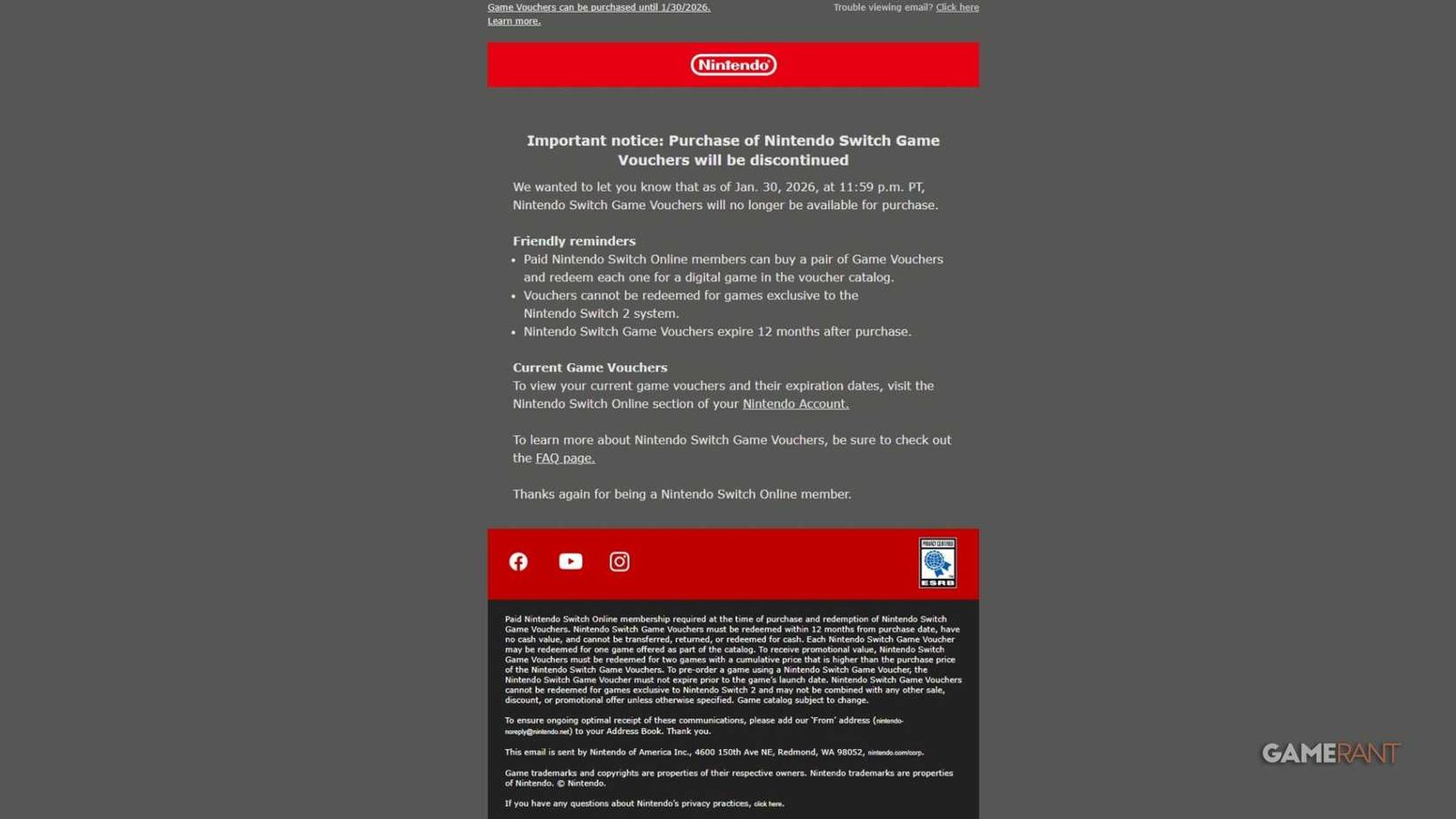 Nintendo encerra venda de Game Vouchers do Switch em 30 de janeiro - Imagem do artigo original